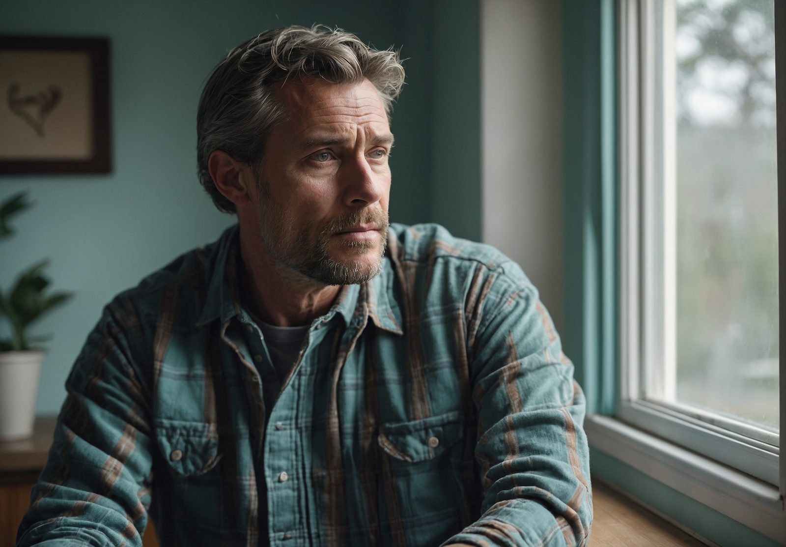 A man in a plaid flannel shirt by a window, looking out at the blurred outdoors