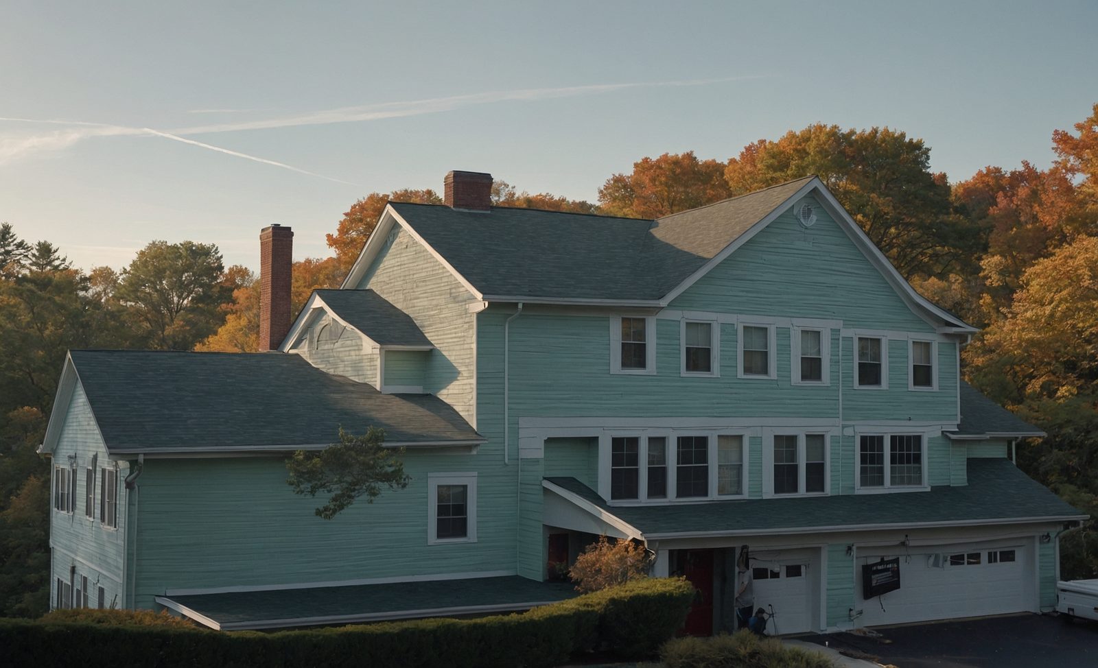 A New England colonial house with a steep asphalt shingle roof under a pale mint sky