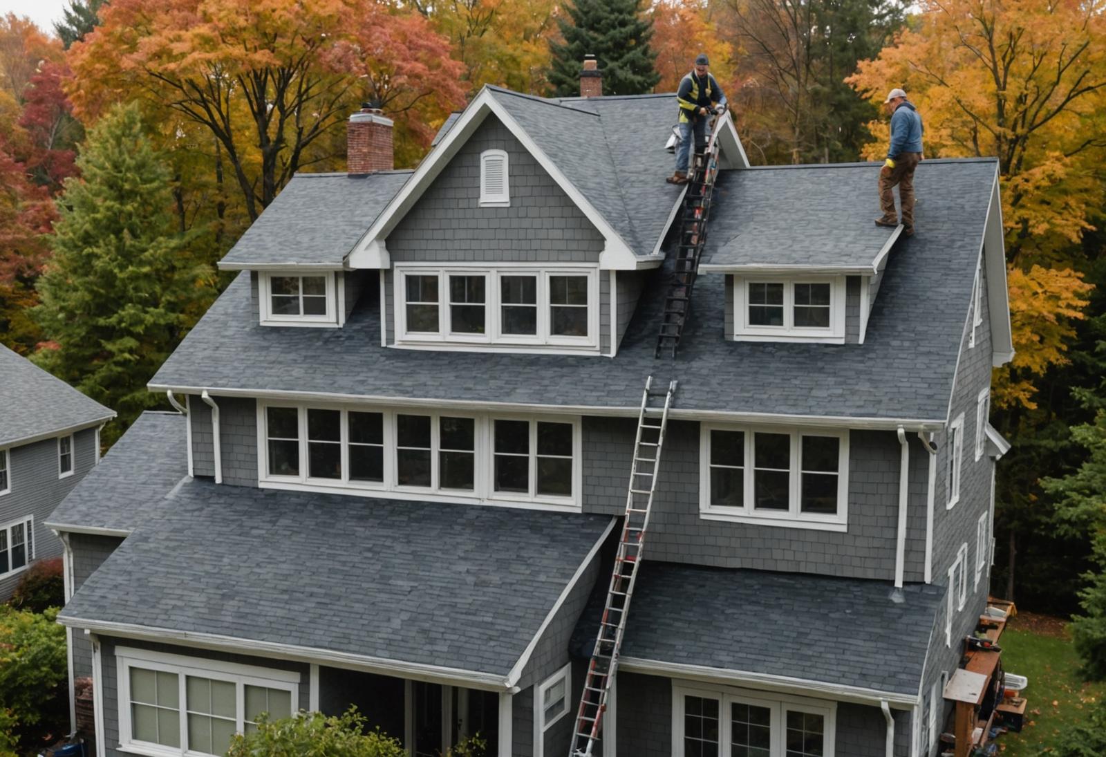 Two roofers working on a gray shingle roof beside a ladder