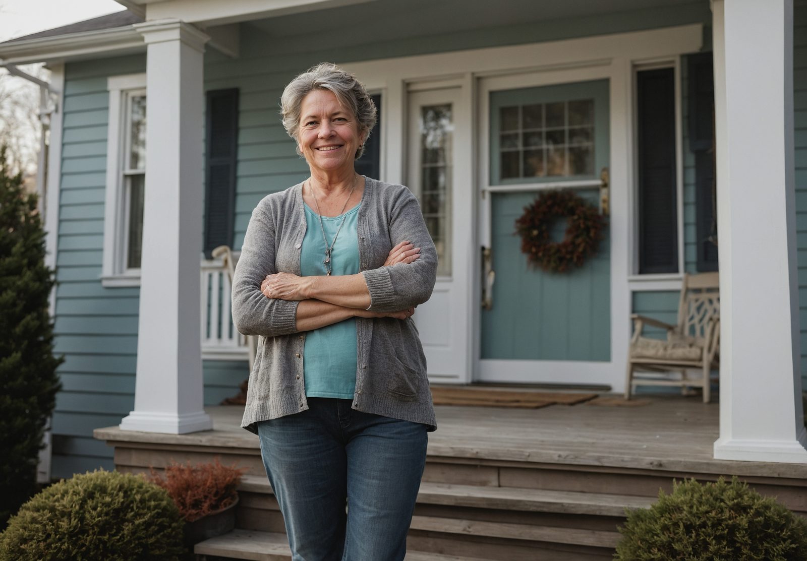 A woman standing on a front porch with new siding behind her